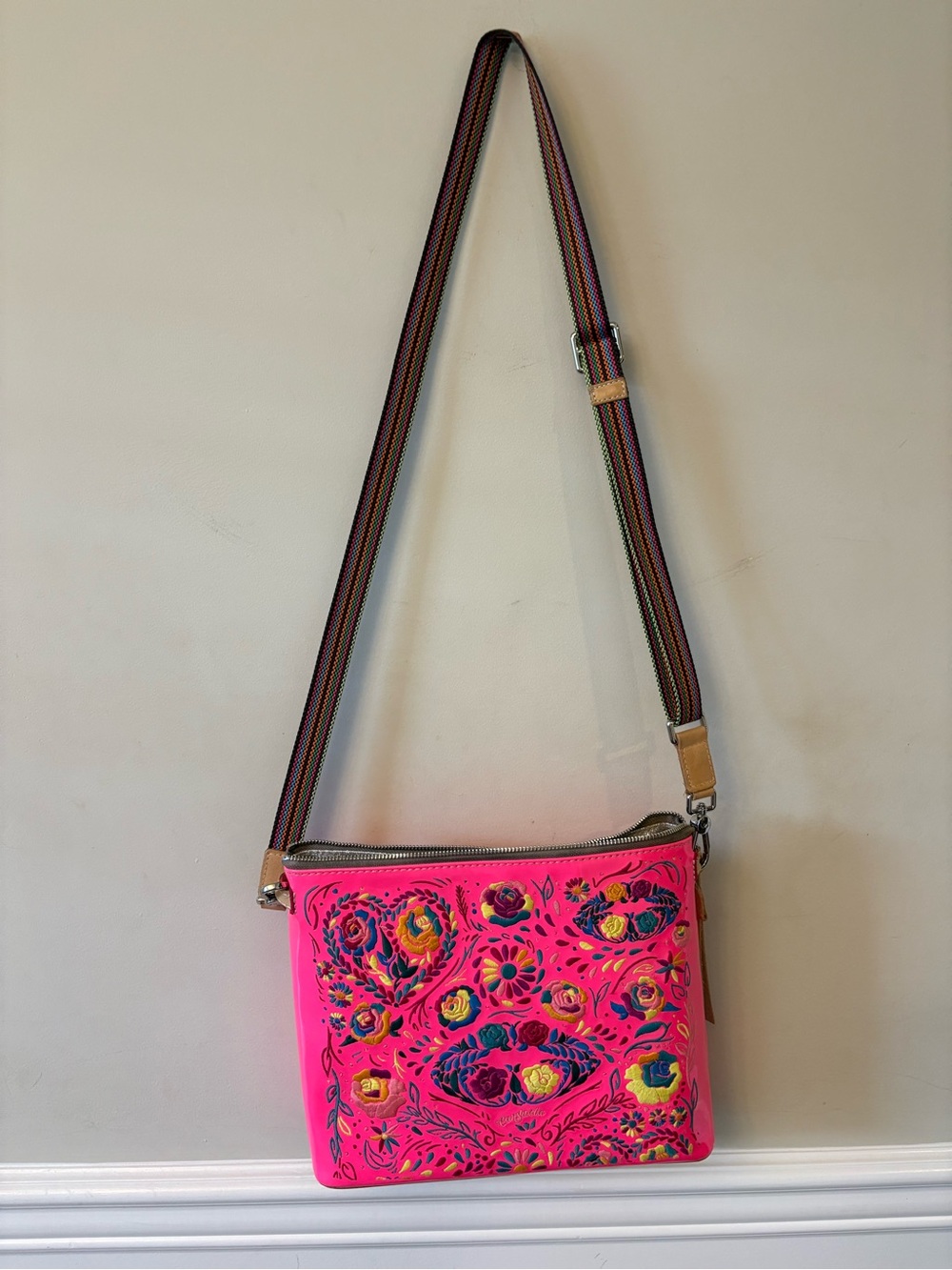 Consuela XO Downtown Hot Pink Floral Embroidered Crossbody with Striped Strap